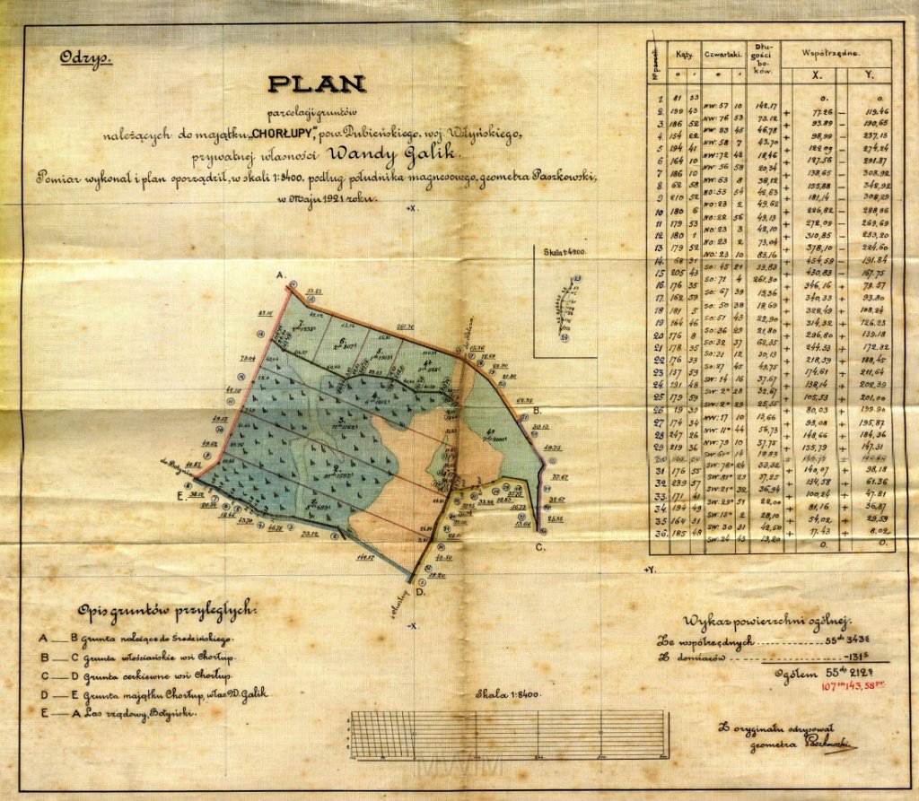 KKE 5955-1.jpg - Dok. Plan parcelacji majątku Wandy Galik z rejestrem pomiarowym(scan czarno-biały), Chorłupy, V 1921 r.